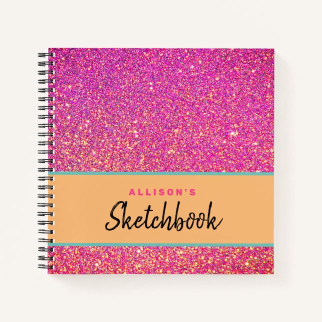 Girly Pink Glitter Script Personalised Sketchbook Notebook (Front)