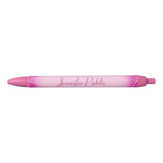 Girly Pink Glitter Template Hand Script Name Black Ink Pen (Front)