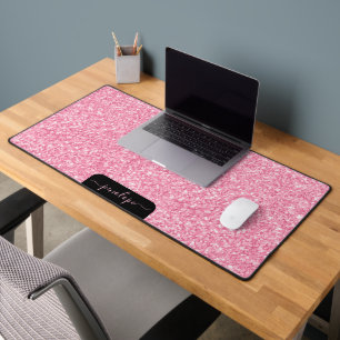 Girly pink glitter texture and sparkles, monogram desk mat