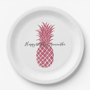 Girly Pink Glitter Tropical Pineapple Paper Plate