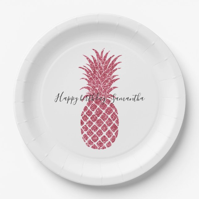 Girly Pink Glitter Tropical Pineapple Paper Plate (Front)
