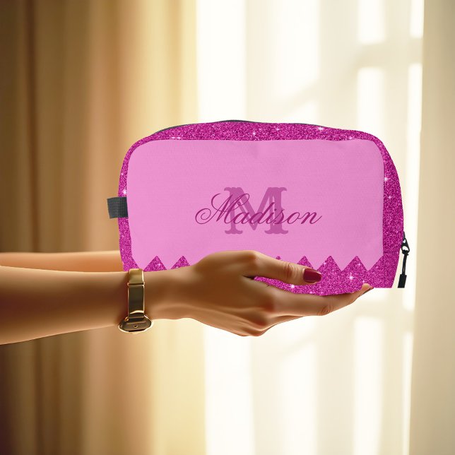 Girly pink glitter zigzag, monogram, custom dopp kit (Creator Uploaded)