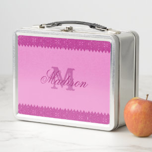 Girly pink glitter zigzag, monogram metal lunch box