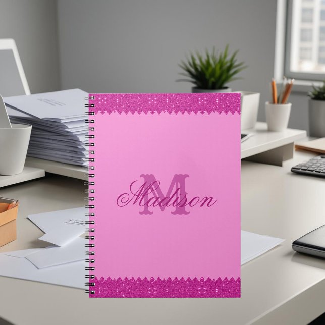 Girly pink glitter zigzag, monogram notebook (Creator Uploaded)
