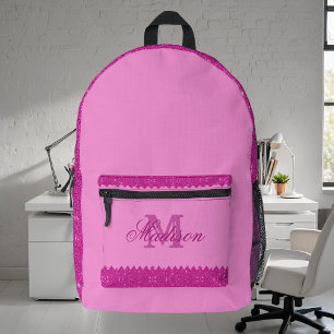 Girly pink glitter zigzag, monogram printed backpack