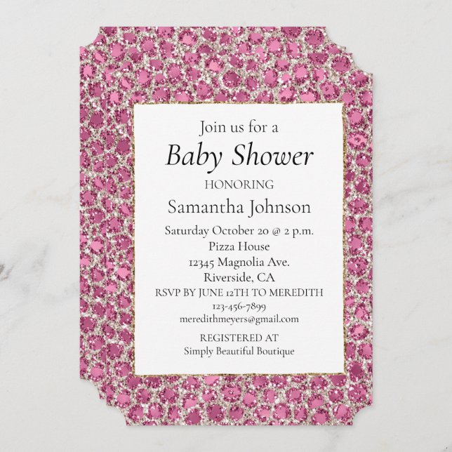 Girly Pink Glitzy Glam Glitter Leopard Baby Shower Invitation (Front/Back)