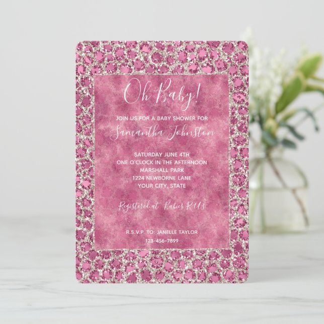 Girly Pink Glitzy Glam Glitter Leopard Baby Shower Invitation (Standing Front)