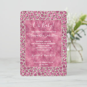 Girly Pink Glitzy Glam Glitter Leopard Baby Shower Invitation