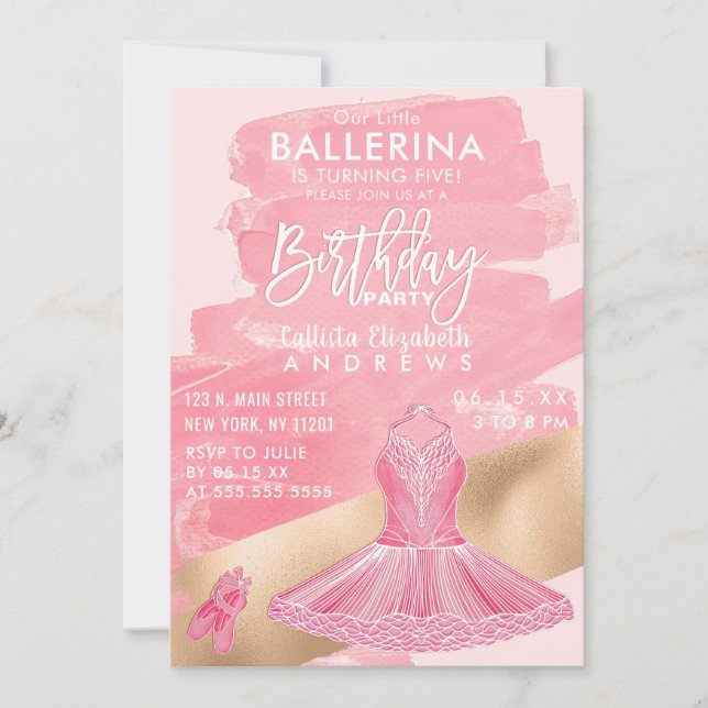 Girly Pink Gold Ballerina Brushstrokes Birthday Invitation (Front)