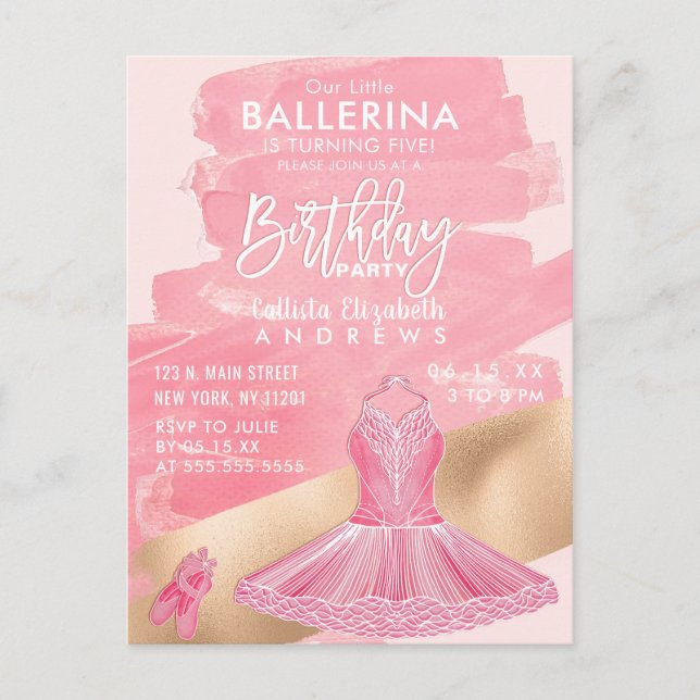 Girly Pink Gold Ballerina Brushstrokes Birthday Invitation Postcard (Front)