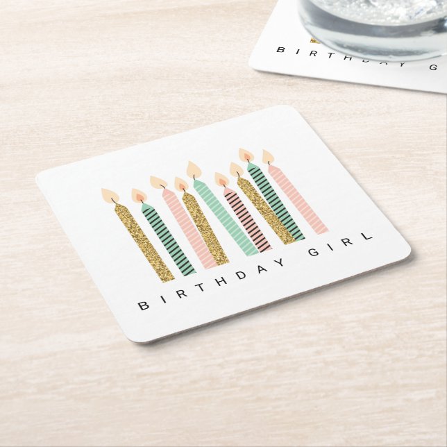 Girly Pink Gold Birthday Happy Birthday PrettyGirl Square Paper Coaster (Angled)