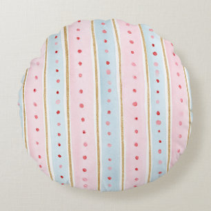 Girly Pink Gold Blue Stripes Round Cushion