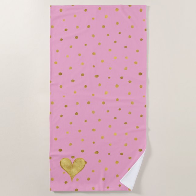 Girly Pink Gold Dots Heart   Beach Towel (Front)