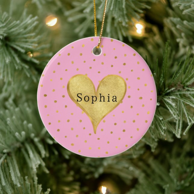 Girly Pink Gold Dots Heart Christmas Ceramic Tree Decoration (Tree)