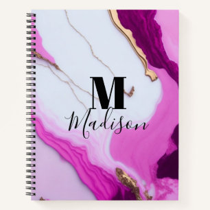 Girly pink gold drips white marble monogram notebook