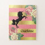 Girly Pink & Gold Floral Unicorn with Name Jigsaw Puzzle<br><div class="desc">This fun puzzle features a cute girly design with a unicorn silhouette on a background of pink and gold stripes with vintage roses in the corners. There is space to personalise it by adding her name. Perfect indoor activity!</div>