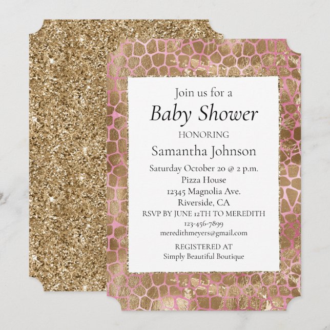 Girly Pink Gold Giraffe Print  Invitation (Front/Back)