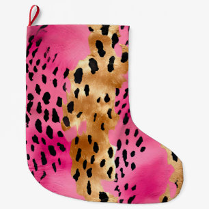 Girly Pink Gold Glam Leopard Print Abstract Large Christmas Stocking