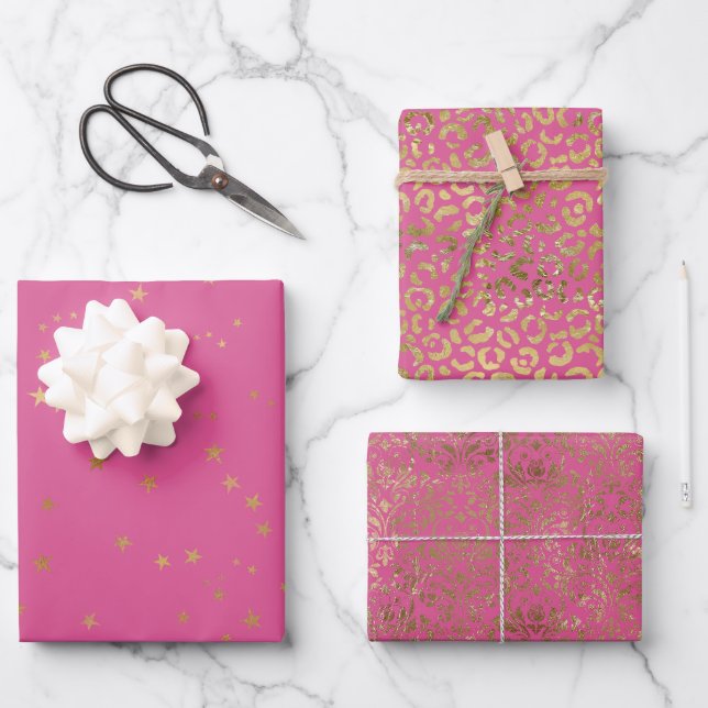 Girly Pink Gold Glam Stars Wrapping Paper Sheet (Front)