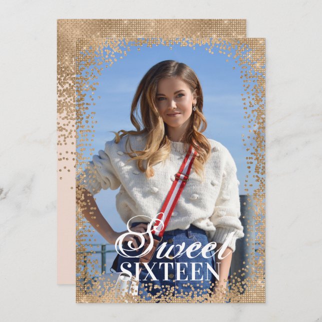 Girly Pink Gold Glitter Confetti Photo Sweet 16 Invitation (Front/Back)