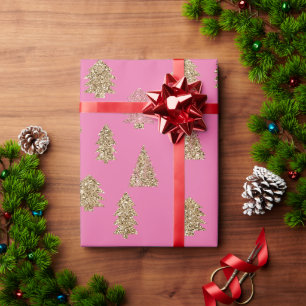 Girly Pink Gold Glitter Glam Christmas Trees Wrapping Paper