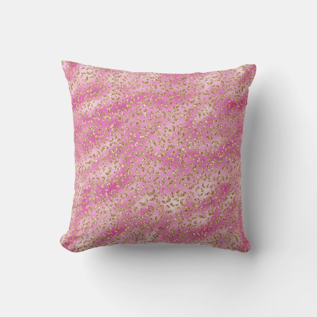 Girly Pink Gold Glitter Leopard Print Cushion (Front)