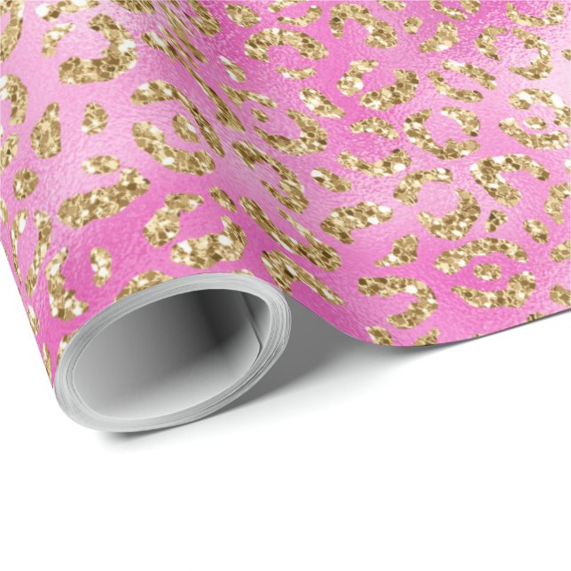 Girly Pink Gold Glitter Leopard Print Wrapping Paper (Roll Corner)