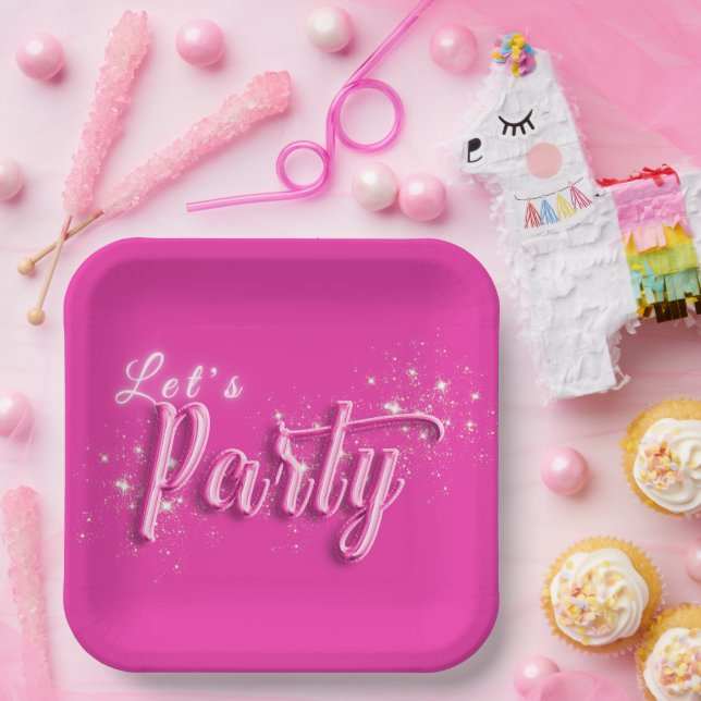 Girly Pink Gold Glitter Modern Let's Party Paper Plate (Party)