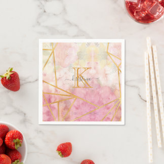Girly Pink Gold Glitter Sparkle Monogram Floral Napkin