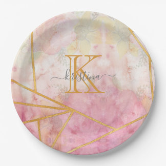 Girly Pink Gold Glitter Sparkle Monogram Floral Paper Plate