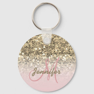 Girly Pink Gold Glitter Sparkles Monogram Name Key Ring