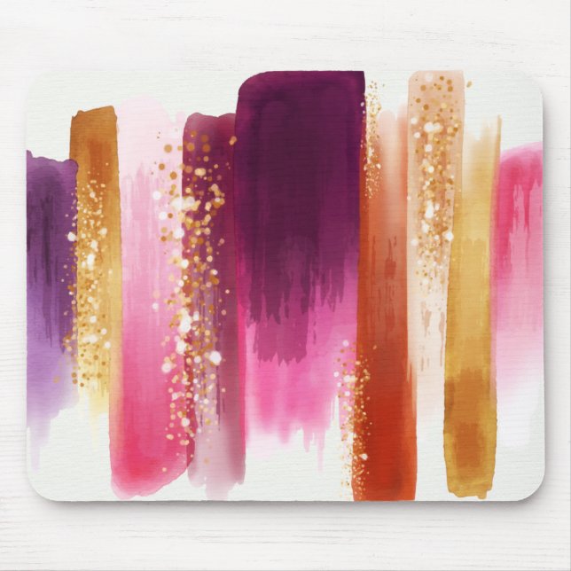 Girly Pink Gold Glitter Watercolor Brushstrokes Mouse Pad (Front)