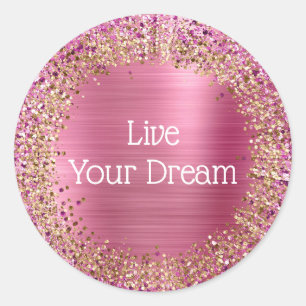 Girly Pink Gold Glitzy Sparkle Glitter Classic Round Sticker