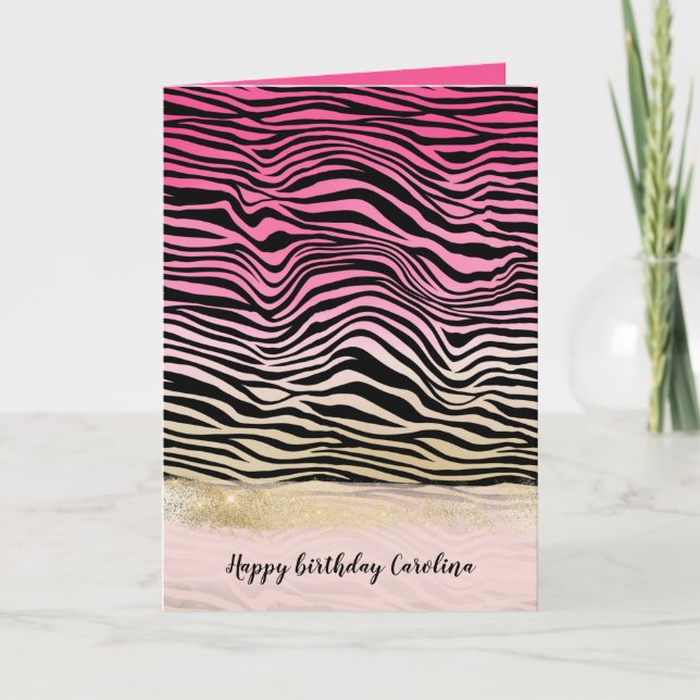 Girly Pink Gold Ombre Watercolor Black Zebra Print Card (Front)