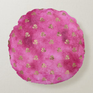 Girly Pink Gold Roses Round Cushion