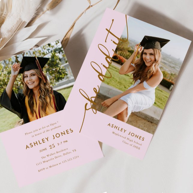 Girly Pink & Gold She Did It Photo Graduation Invitation (Creator Uploaded)