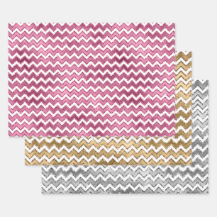 Girly Pink Gold Silver White Stripes Birthday Wrapping Paper Sheet