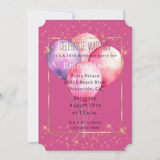 Girly Pink Gold Sparkles Balloons Invitation (Front)