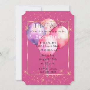 Girly Pink Gold Sparkles Balloons Invitation