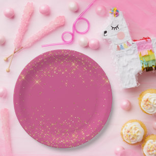Girly Pink Gold Sparkles Confetti Glitter Paper Plate