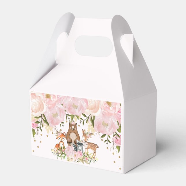 Girly Pink Gold Woodland Animals Birthday Party Favour Box (Front Side)