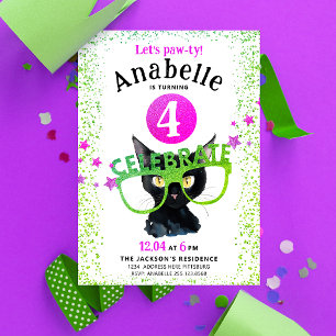 Girly Pink Green Black Cat Paw Glitter Watercolor Invitation