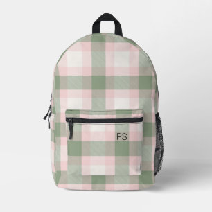 Girly Pink Green Check Plaid Monogram Initials Printed Backpack
