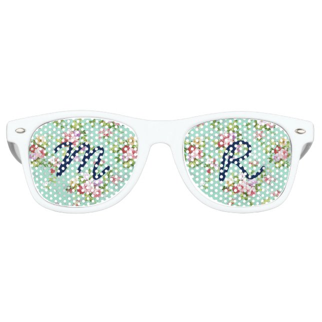 Girly pink green roses flowers pattern monogram retro sunglasses (Front)