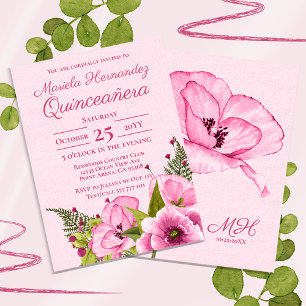 Girly Pink Green Watercolor Floral Quiceañera Invitation
