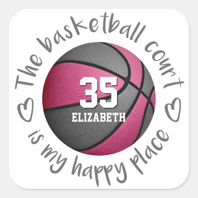 girly pink grey basketball court is my happy place square sticker (Front)