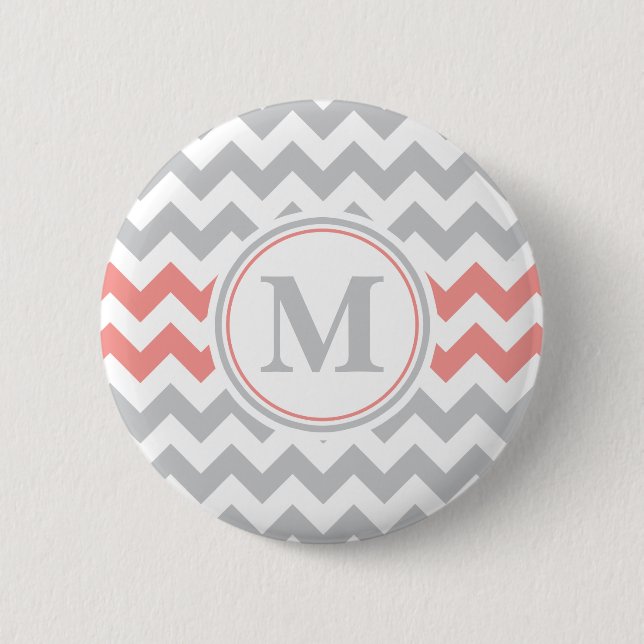 Girly Pink Grey Chevron Pattern with Monogram 6 Cm Round Badge (Front)