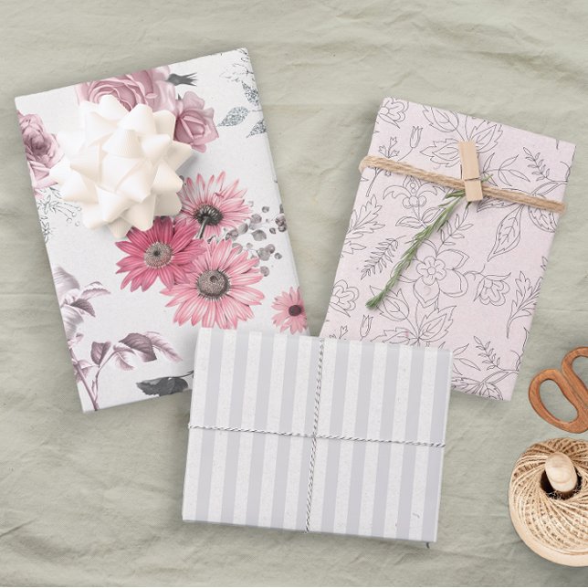 Girly Pink Grey Floral Pastel Wrapping Paper Sheet (Creator Uploaded)