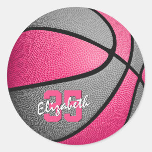 girly pink grey personalised basketball classic round sticker