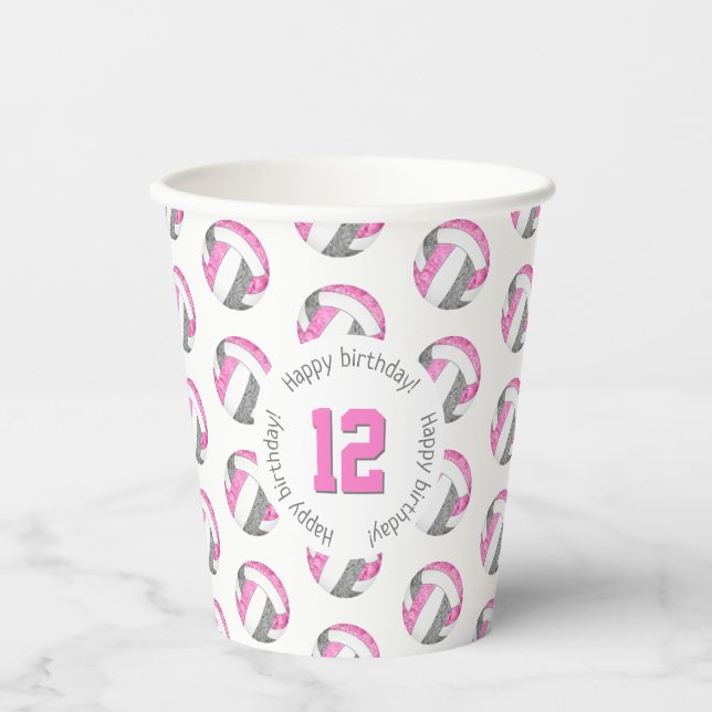 girly pink grey volleyballs birthday party paper cups (Front)